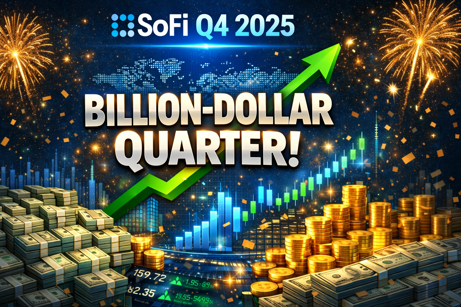 SoFi financial platform dashboard illustrating billion-dollar quarterly revenue growth and operating leverage