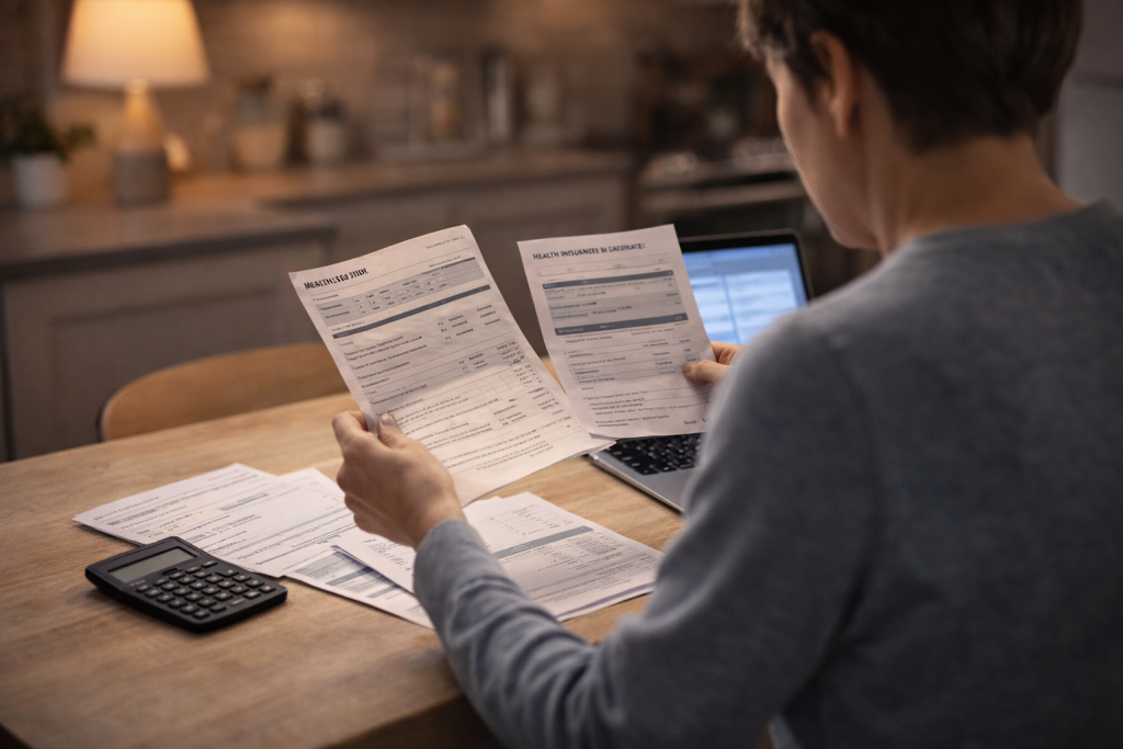 Individual reviewing health insurance expenses amid ACA enrollment churn dynamics, enhanced premium tax credits expiration, and Medicaid redetermination impact on coverage affordability