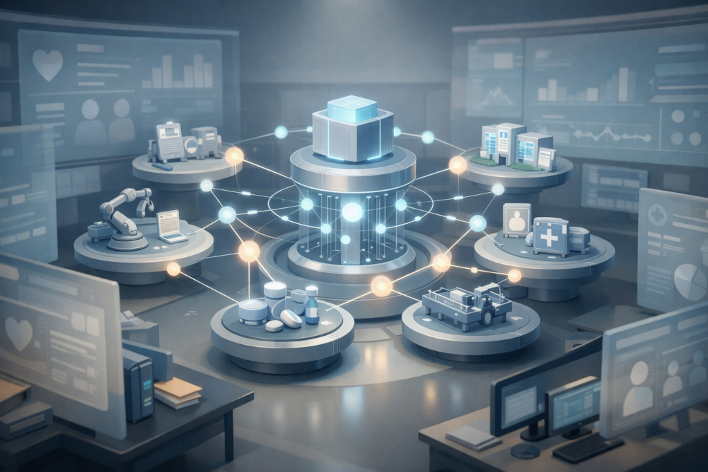 3D visualization of AI-driven health plan automation supporting SG&A leverage at Oscar Health