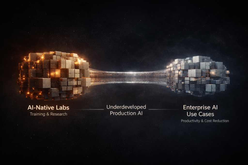 Barbelled AI market structure showing contrast between training-intensive labs and enterprise productivity use cases