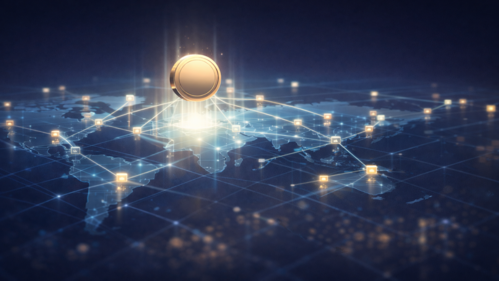 Digital network visualization representing SoFi stablecoin infrastructure and blockchain payments