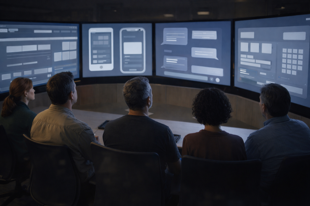 Operations team monitoring multiple evolving digital commerce interfaces representing Shopify as a unified commerce platform beneath changing surfaces.