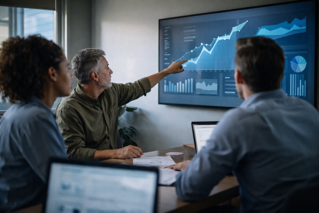 Marketing professionals analyzing digital advertising performance dashboards in a strategy session tied to Amazon advertising growth