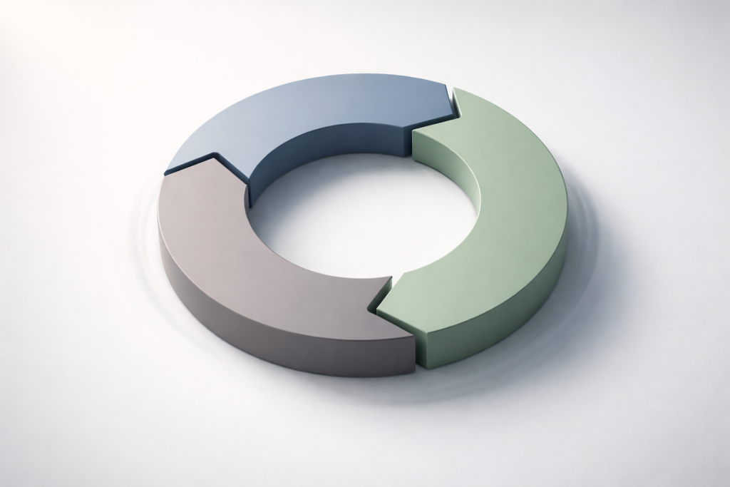3D visualization of a commerce flywheel illustrating discovery, conversion, and repeat engagement across an integrated commerce ecosystem.