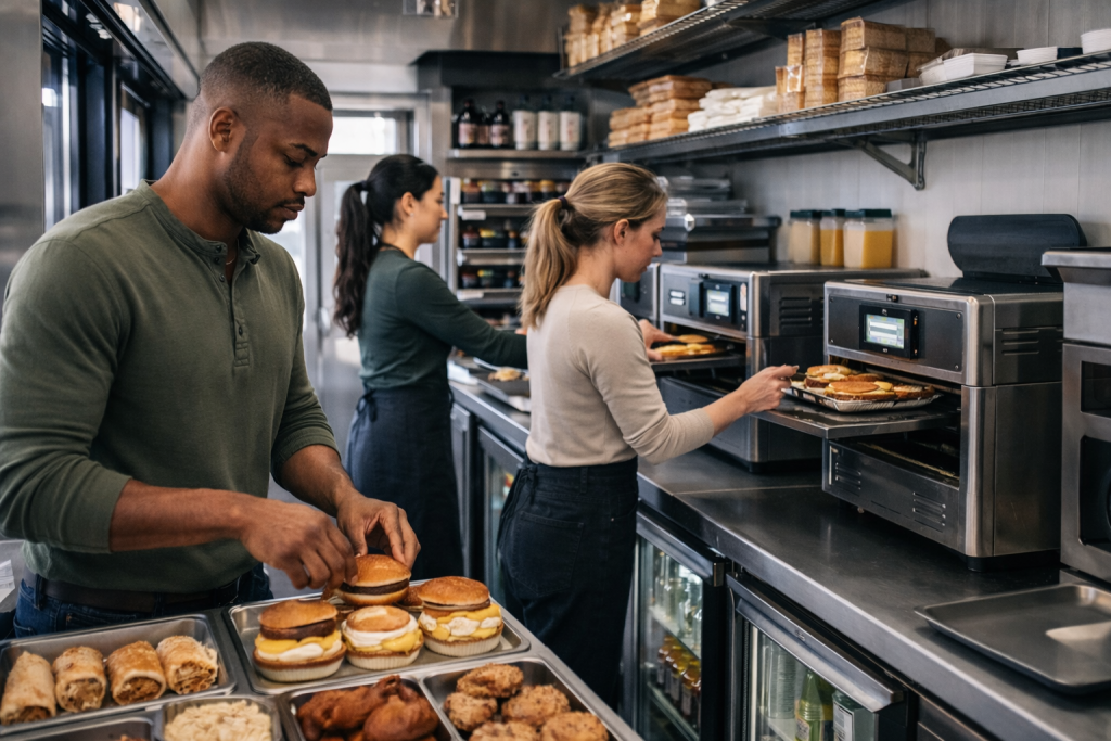 Drive-thru beverage staff preparing hot food representing Dutch Bros food expansion strategy