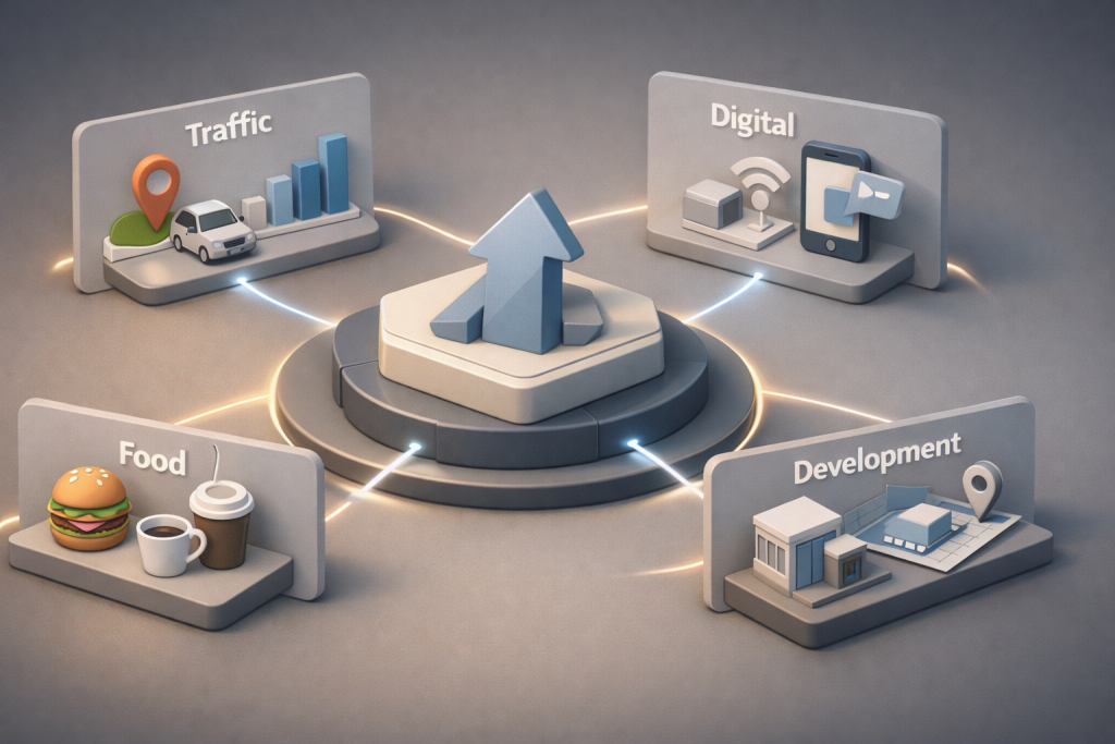 3D illustration showing Dutch Bros growth drivers connected in a structured system view