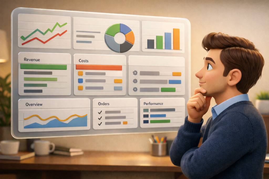 Soft 3D dashboard illustration reflecting Dutch Bros margin pressures and cost management
