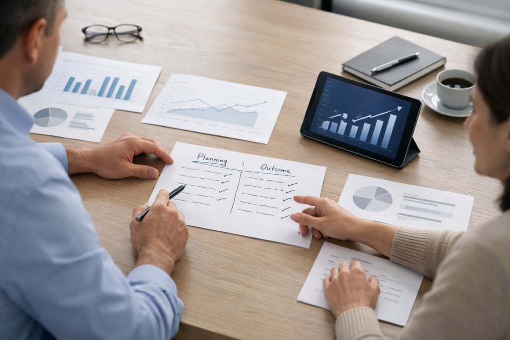 Executive team reviewing planning assumptions against actual performance during a quarterly execution review.