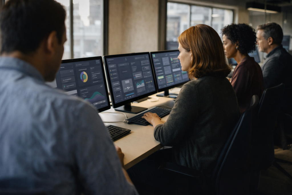 Enterprise operations team reviewing unified commerce dashboards illustrating Shopify integration depth across payments, POS, and B2B workflows.