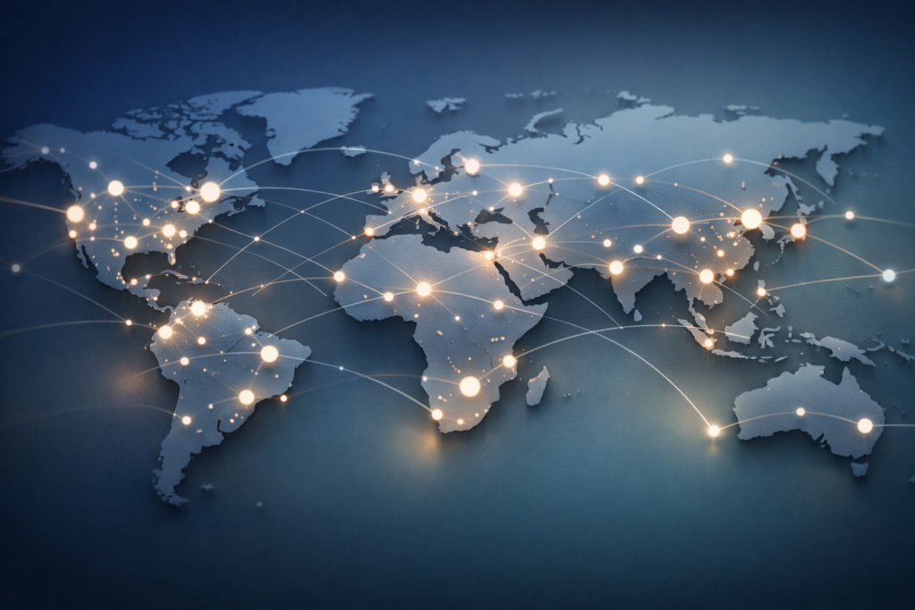 3D illustration of a global commerce network showing interconnected payment nodes across regions supporting cross-border ecommerce.