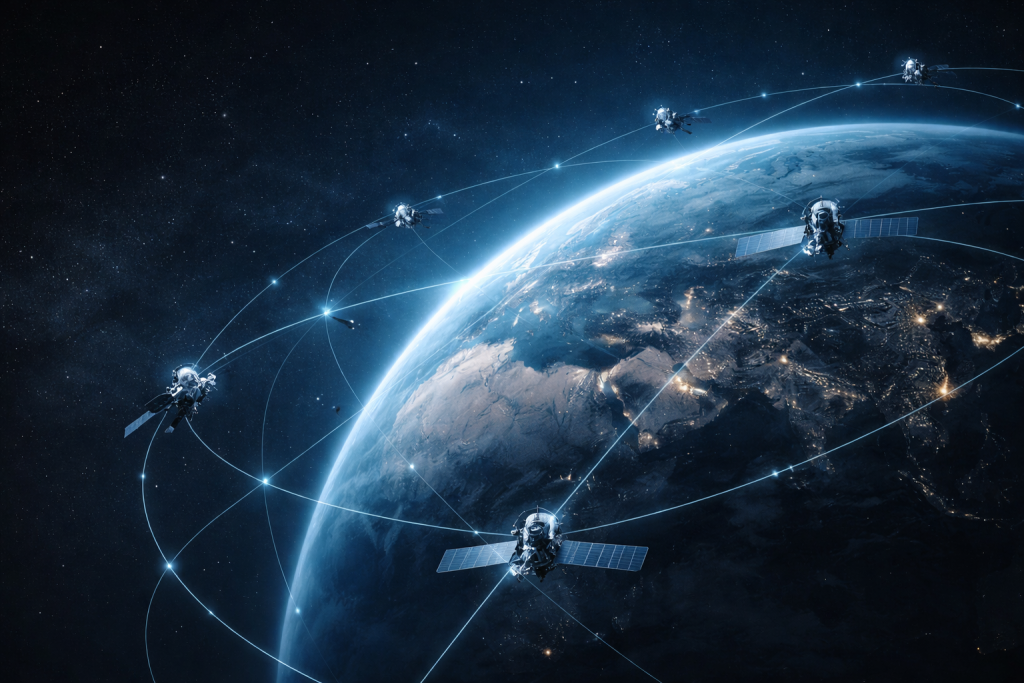 3D visualization of a low Earth orbit satellite network representing Amazon long-term infrastructure investment