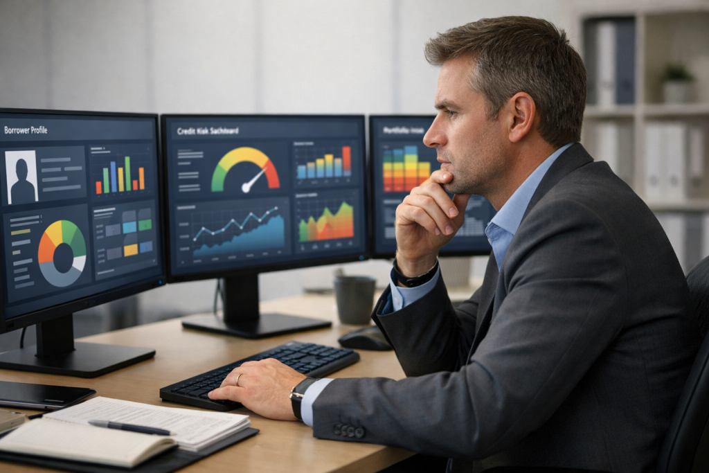 Risk analyst examining borrower data reflecting SoFi prime credit performance