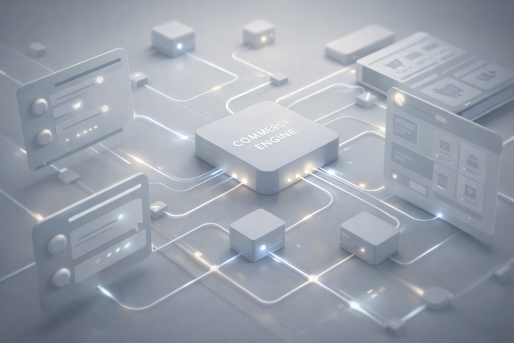 3D illustration of Shopify AI commerce infrastructure connecting merchants to conversational platforms, representing Shopify agentic commerce strategy.