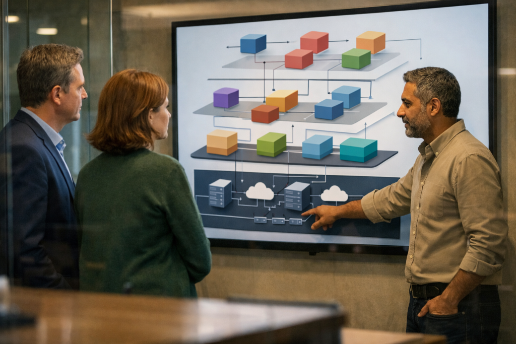 Professionals collaborating around a digital commerce system diagram representing Shopify infrastructure beneath AI-driven commerce interfaces.