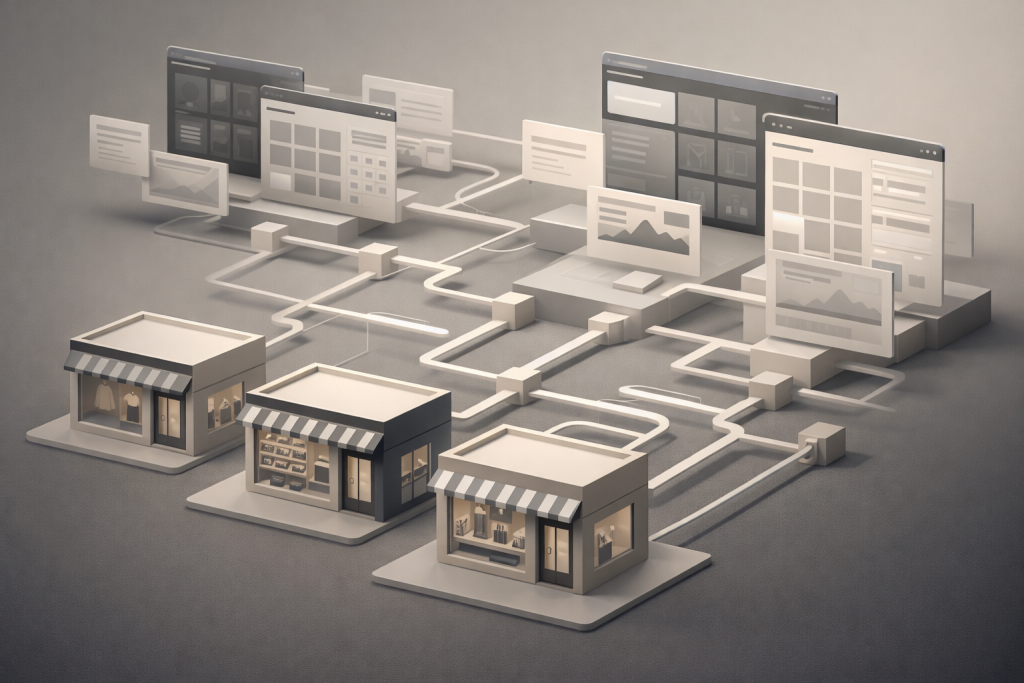 3D conceptual illustration of a unified commerce system connecting retail and B2B channels, symbolizing Shopify B2B GMV growth and omnichannel strategy.
