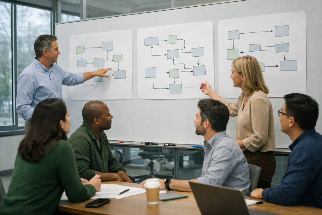 Documentary-style image of enterprise teams collaborating during a Shopify enterprise migration discussion, reflecting Shopify enterprise adoption.