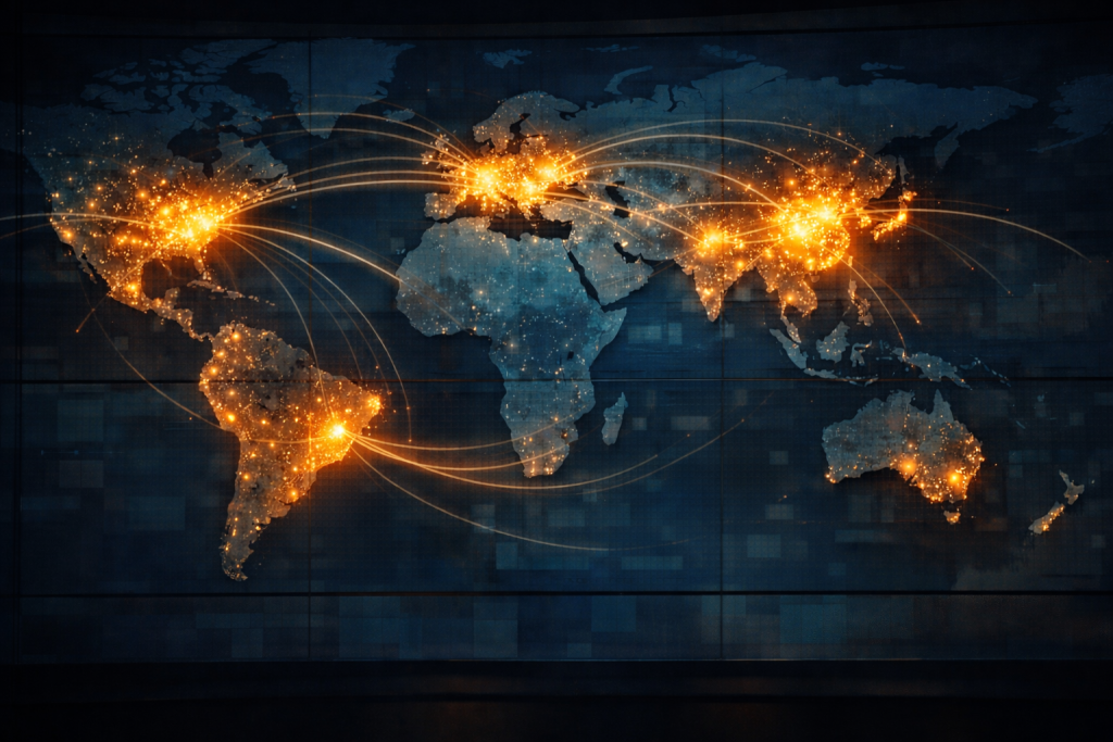 Editorial visualization of Shopify international scaling shifting from global expansion toward higher GMV density across regions